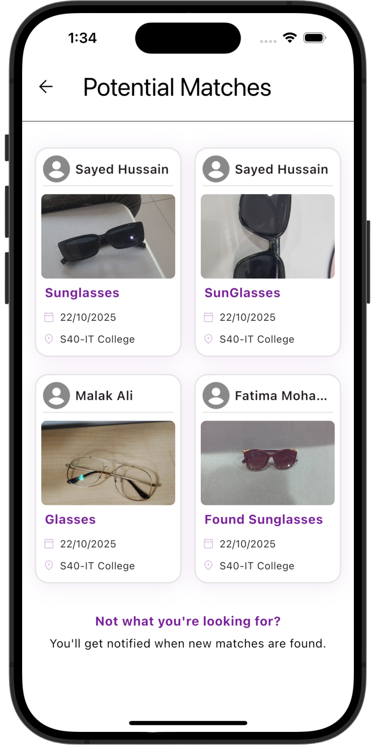 UniFind potential matches screen